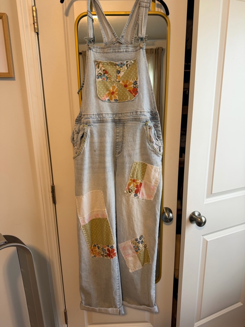 Light Wash Denim Overalls with Floral Patchwork - Picture 2 of 2